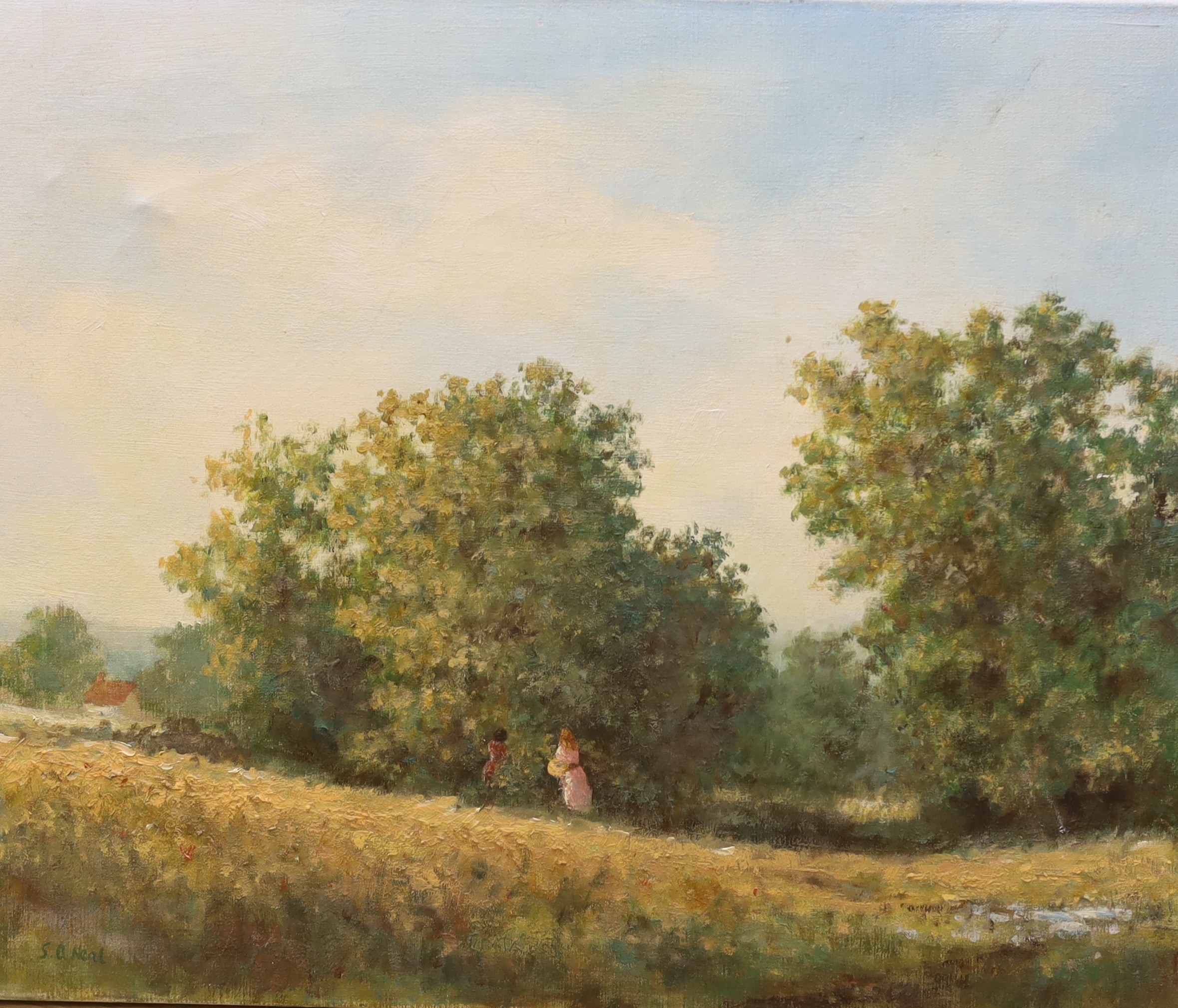 S.A. Neal, oil on canvas, Figures picking berries in summertime, signed, 51 x 61cm, unframed